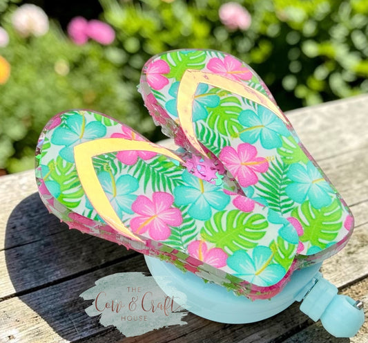 Floral Flip Flop Badge Reel | Beach Badge Reel | Summer Retractable ID Holder | Tropical Flower Badge Reel | Swivel Clip Badge Holder