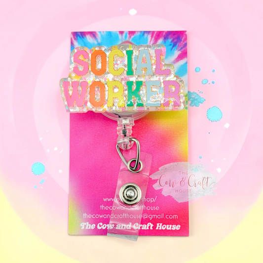 Social Worker Badge Reel | Glitter Badge Holder | Colorful Retractable Badge Reel | 34" Nylon Cord Swivel Clip | Social Worker Gift
