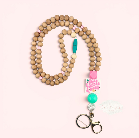 Teacher Breakaway Lanyard | Iced Coffee & Dogs | Wood Bead Badge Holder | Teacher Gift