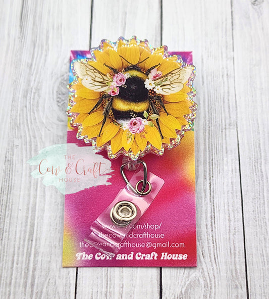 Glitter Bee on Sunflower Badge Reel – Retractable Swivel ID Holder