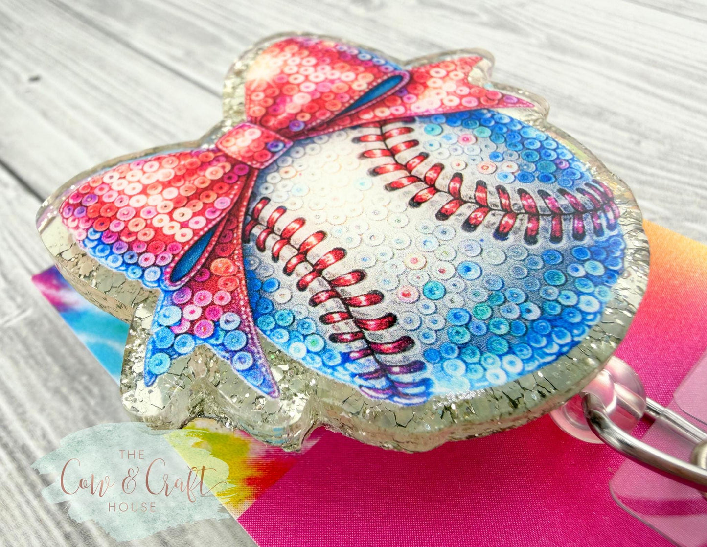 Baseball Bow Badge Reel| Glitter Background Swivel Clip | 34β Nylon Cord Nurse Badge Holder | Cute Healthcare ID Reel