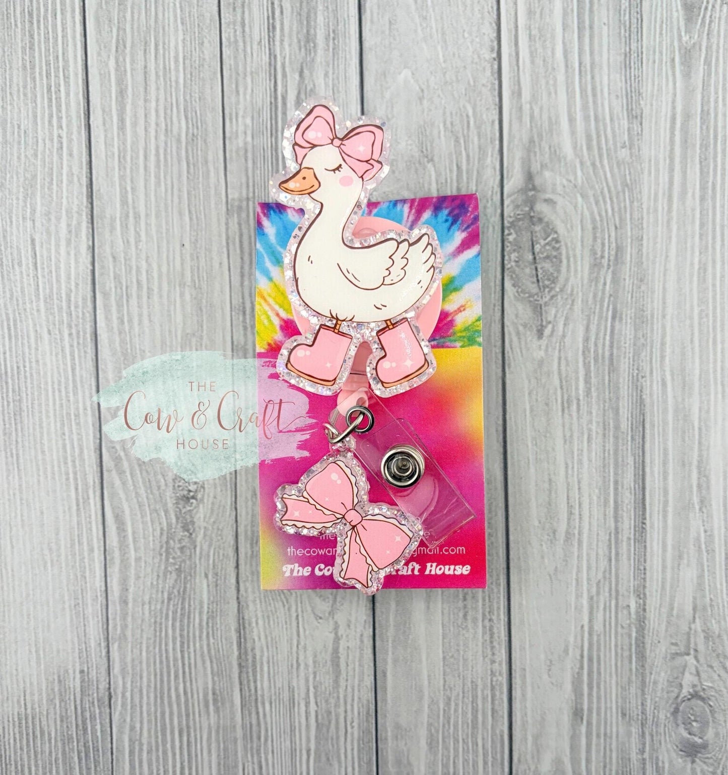 Cute Duck Badge Reel | Pink Rain Boots + Bow Charm | 34β Nylon Cord Swivel Clip | Nurse Badge Holder