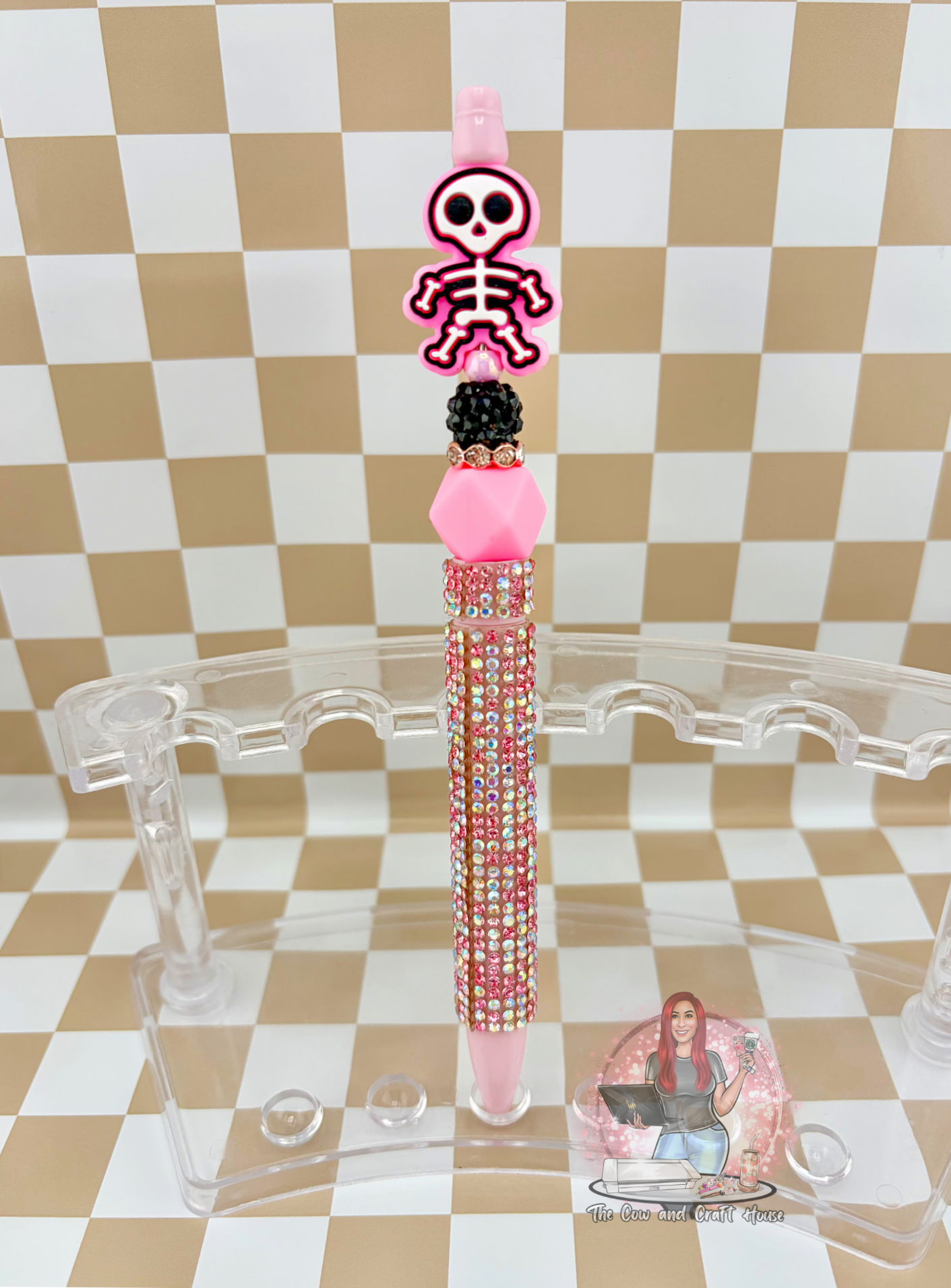 Pink Skeleton Beaded Pen β Black Ink Twist Pen