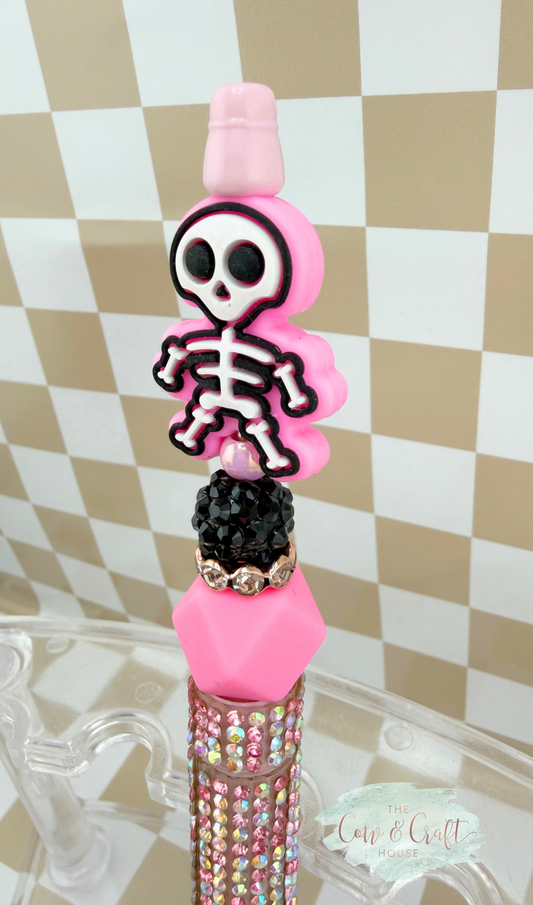 Pink Skeleton Beaded Pen – Black Ink Twist Pen
