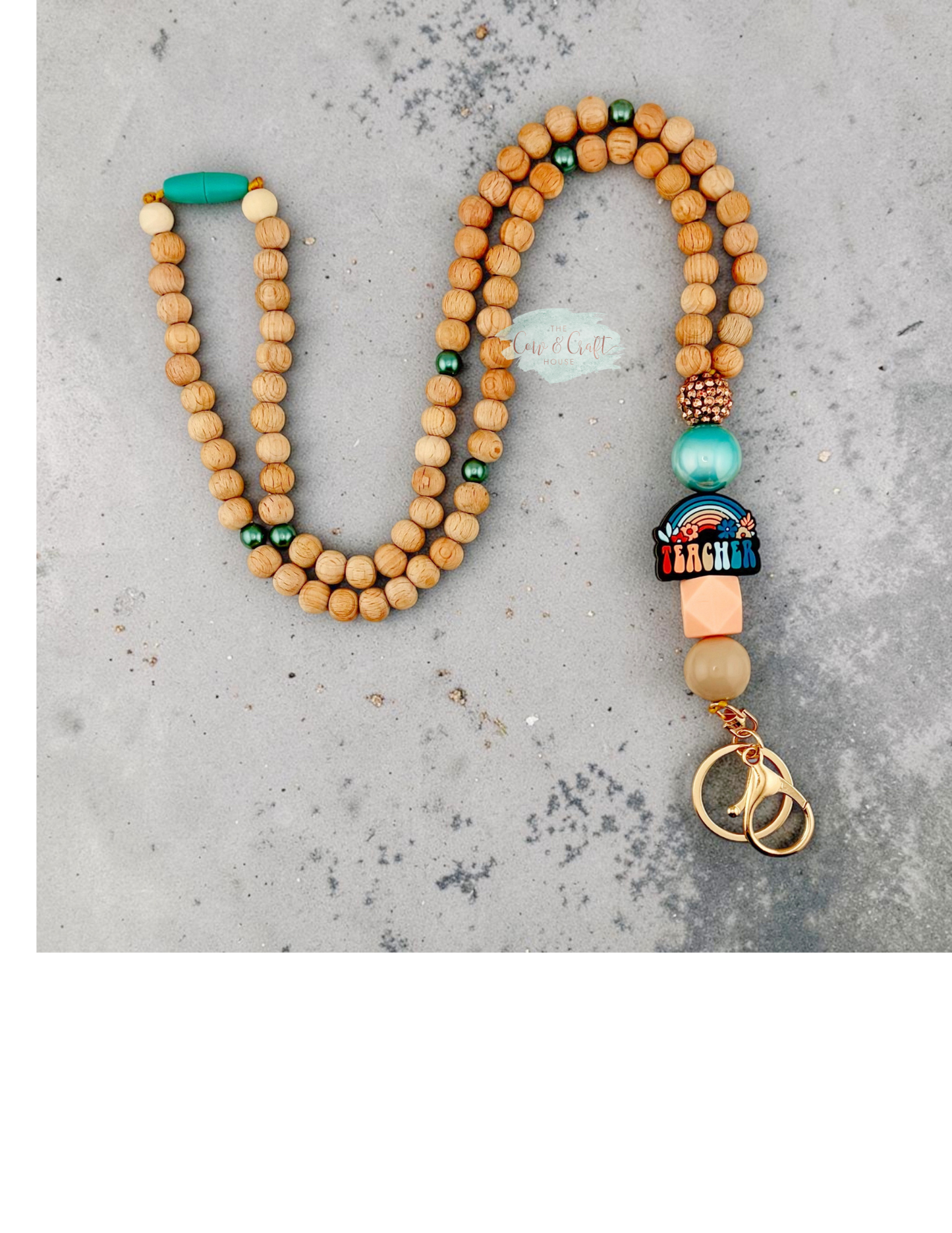 Rainbow Teacher Beaded Lanyard | Turquoise & Peach Breakaway Badge Holder | Handmade Teacher ID Lanyard | Teacher Appreciation Gift