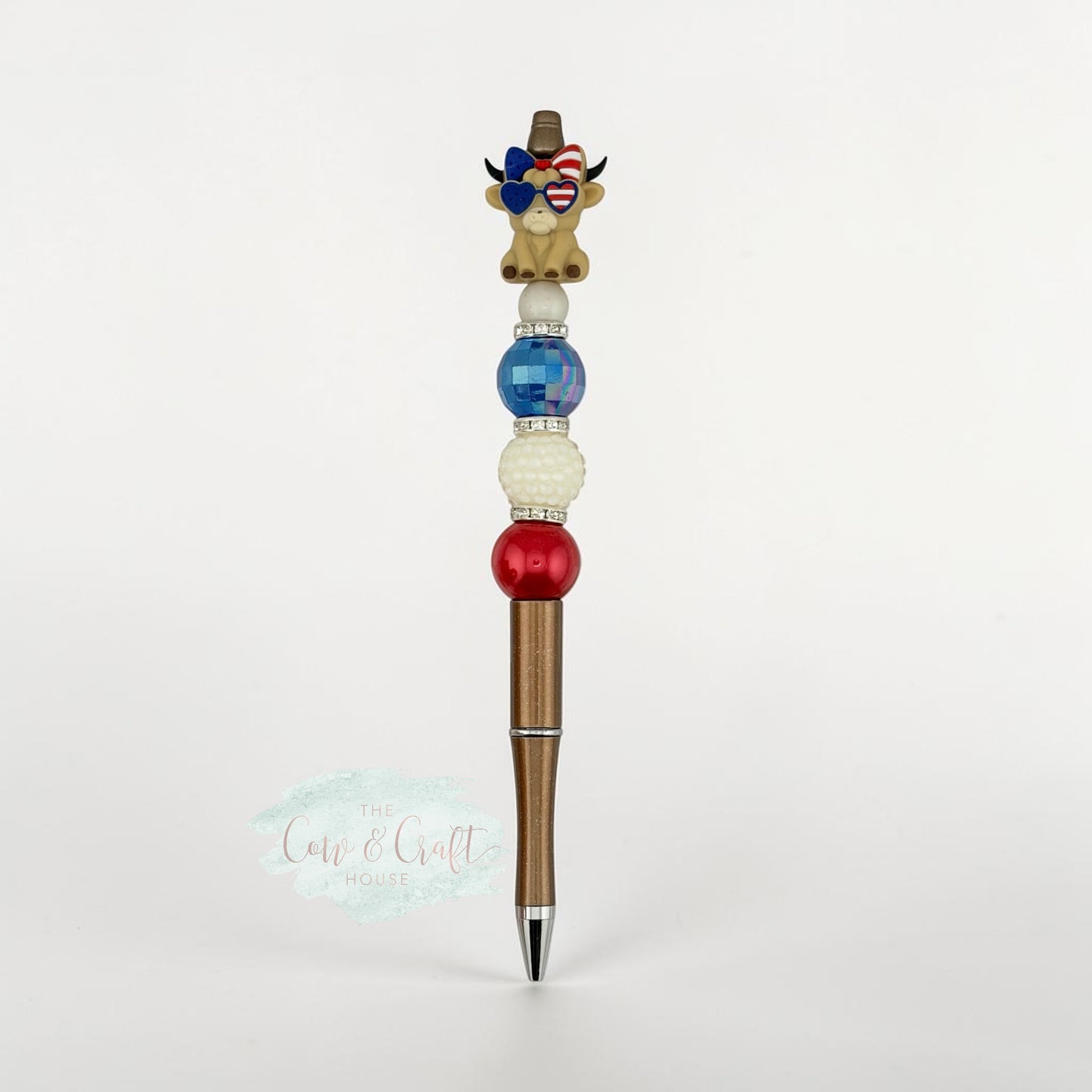 Patriotic Cowgirl Cow Beaded Pen | 4th of July Pen | Highland Cow Pen | Red White Blue Pen | Black Ink Twist Pen | Americana Desk Accessory