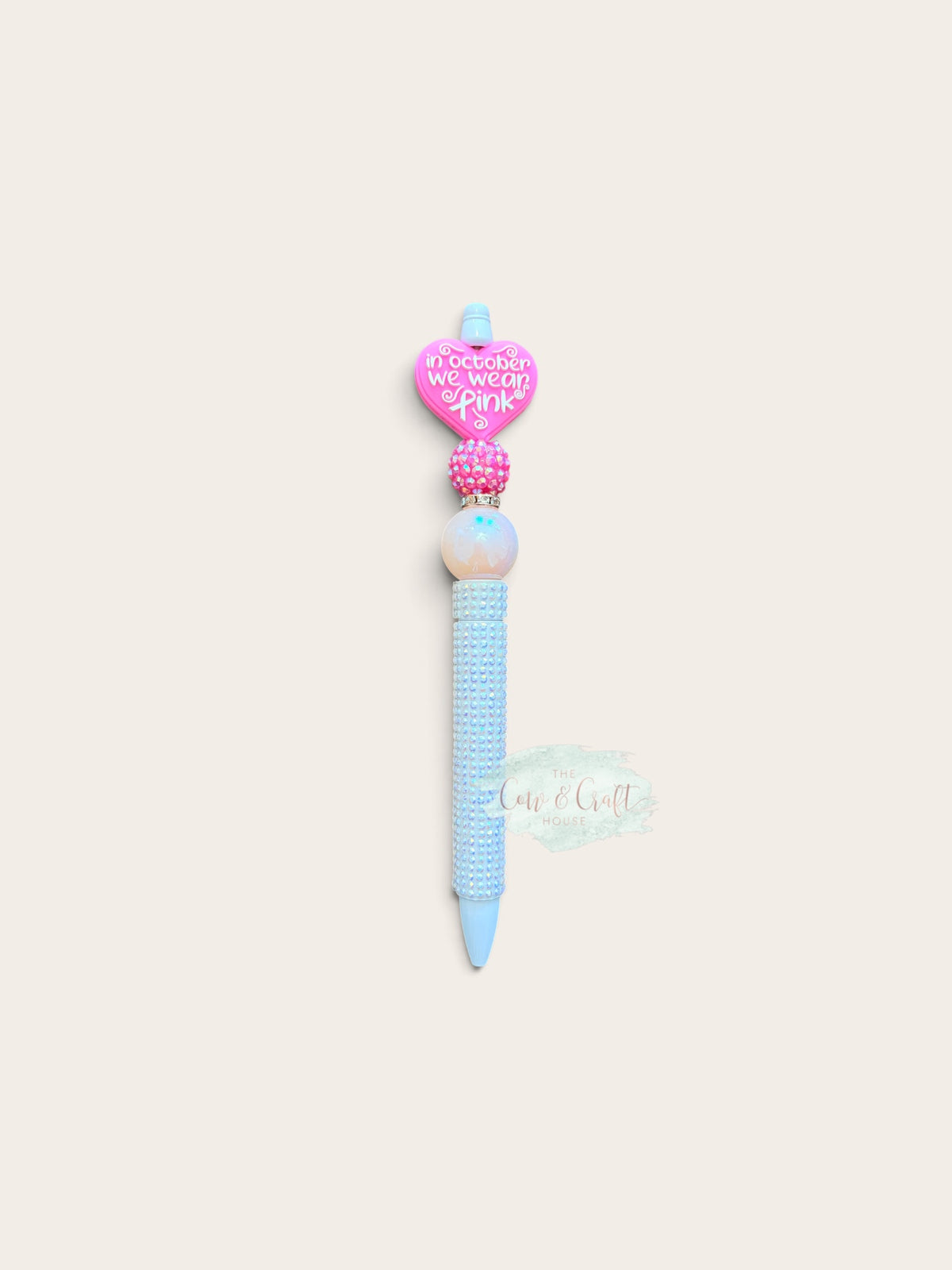 In October We Wear Pink Pen, Breast Cancer Awareness Pen, Pink Ribbon Bling Pen, Diamond White Beaded Pen, October Gift