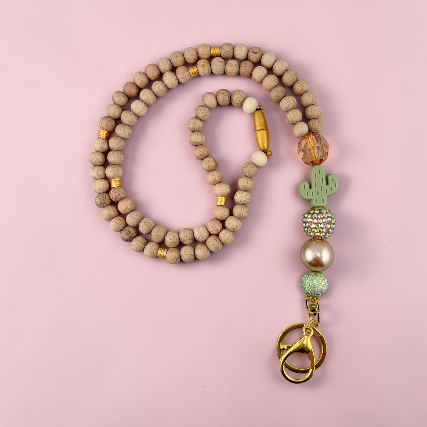 Teacher Cactus Beaded Lanyard | Breakaway Teacher ID Badge Holder | Green Cactus Focal Bead | Wood & Gold Beads | Teacher Gift