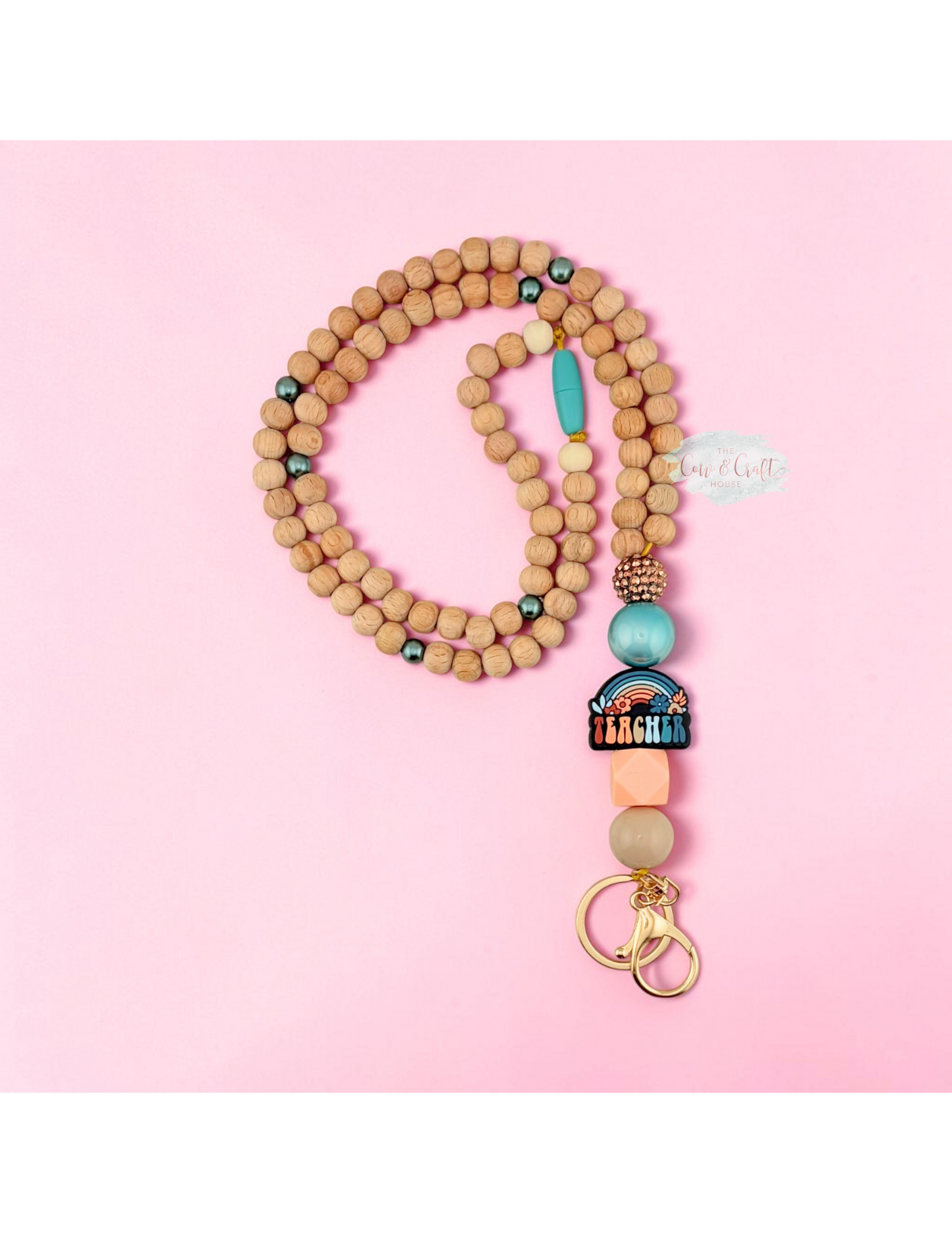 Rainbow Teacher Beaded Lanyard | Turquoise & Peach Breakaway Badge Holder | Handmade Teacher ID Lanyard | Teacher Appreciation Gift