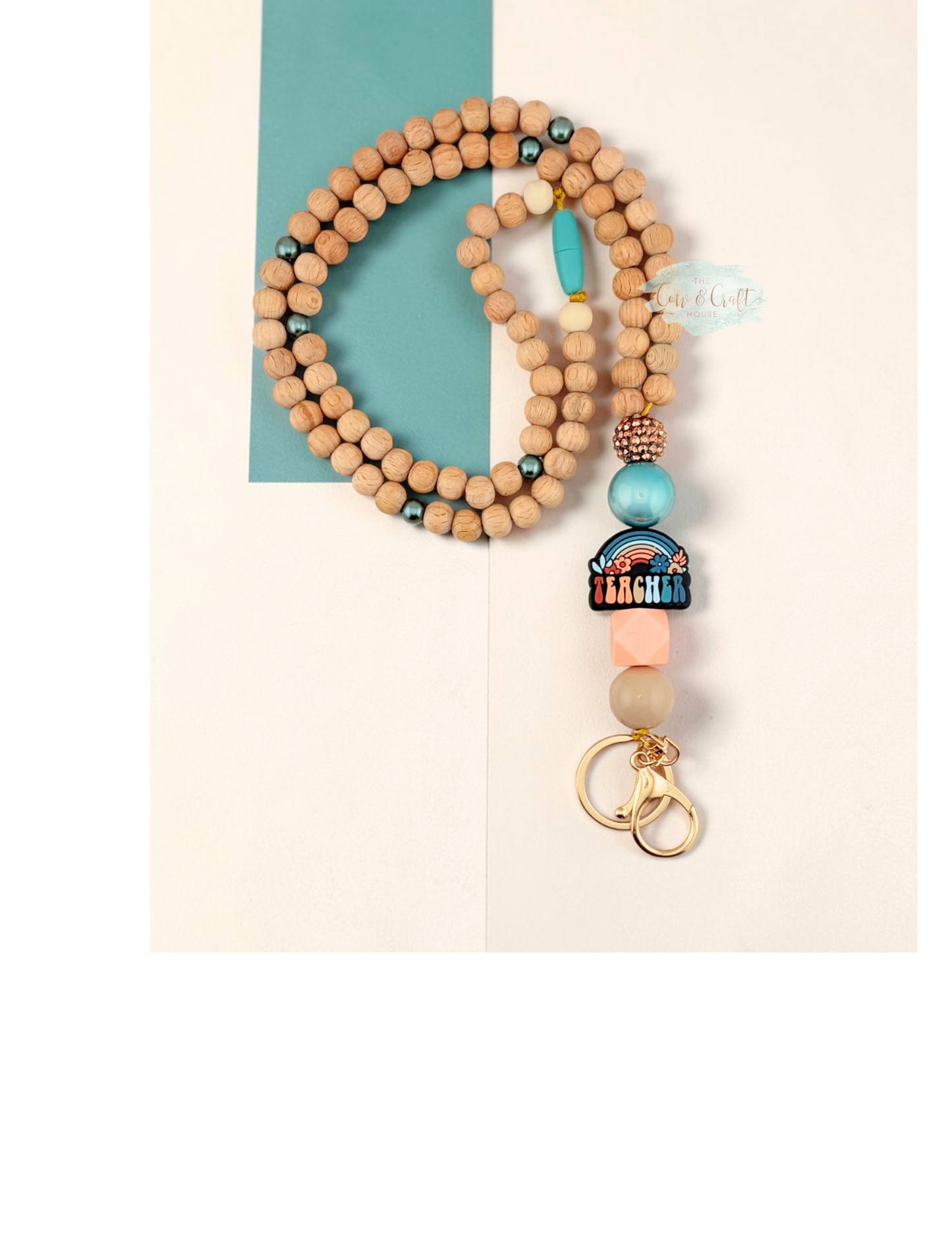 Rainbow Teacher Beaded Lanyard | Turquoise & Peach Breakaway Badge Holder | Handmade Teacher ID Lanyard | Teacher Appreciation Gift