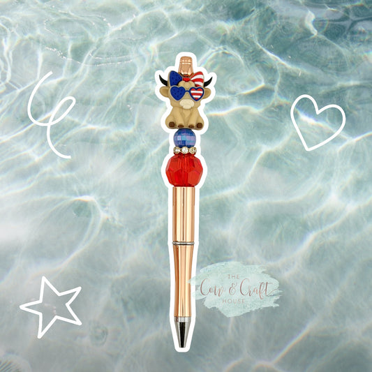 Patriotic Cowgirl Cow Beaded Pen | 4th of July Pen | Highland Cow Pen | Red White Blue Pen | Black Ink Twist Pen | Americana Desk Accessory