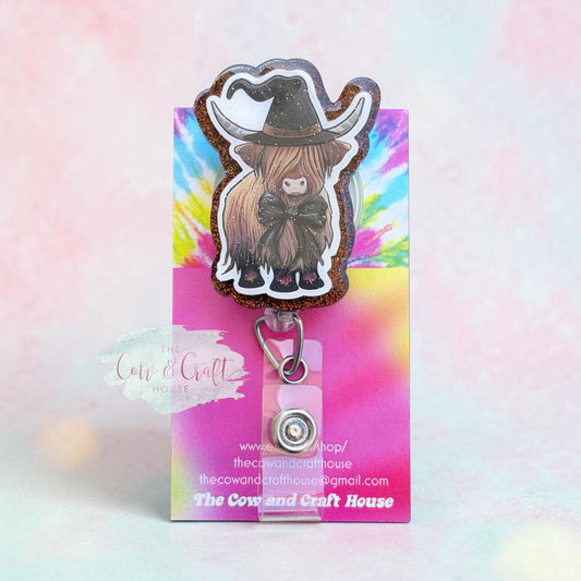 Highland Cow Witch Badge Reel, Halloween Badge Reel, Cute Cow ID Holder, Spooky Nurse Badge Reel, Western Halloween Gift, Cow Badge Reel
