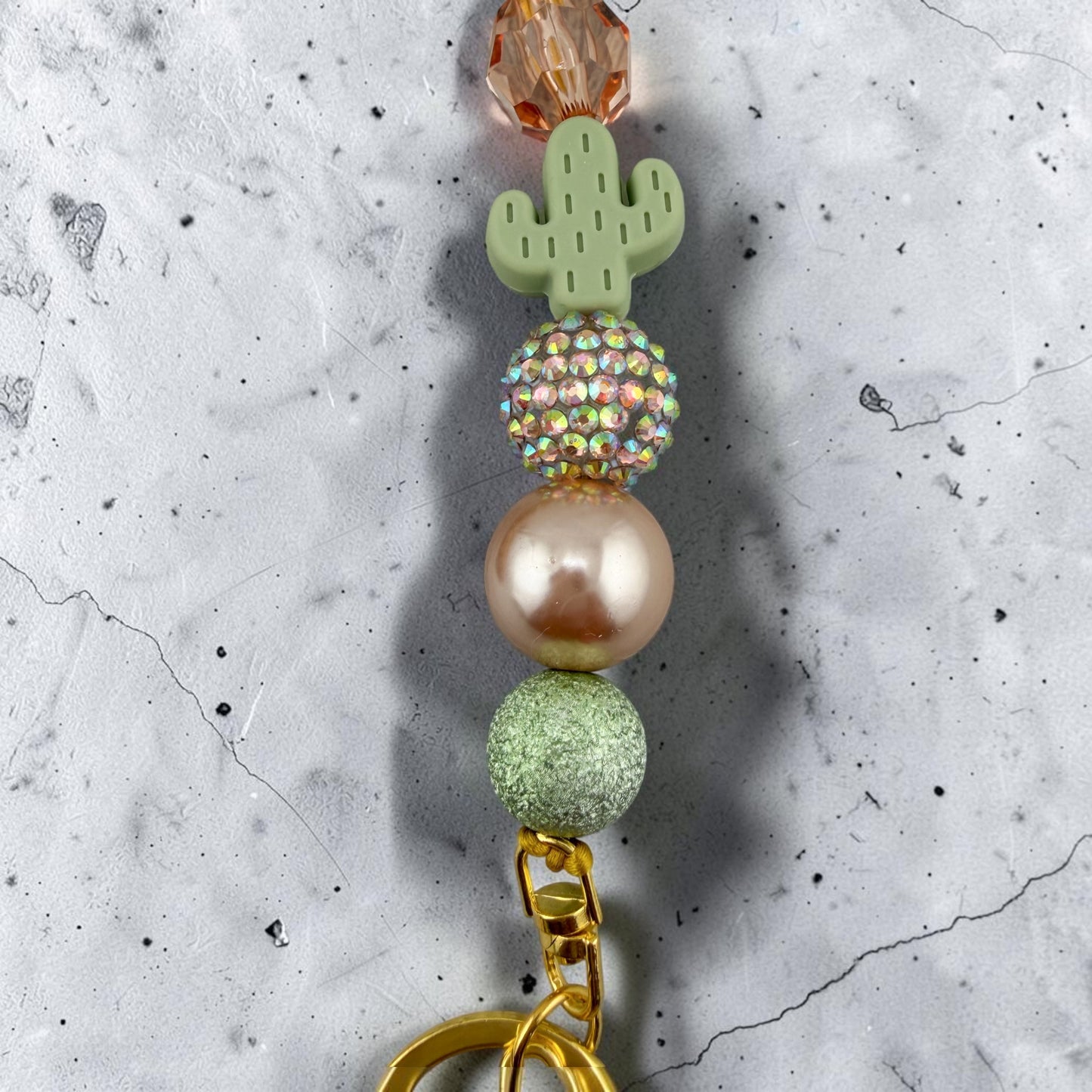 Teacher Cactus Beaded Lanyard | Breakaway Teacher ID Badge Holder | Green Cactus Focal Bead | Wood & Gold Beads | Teacher Gift