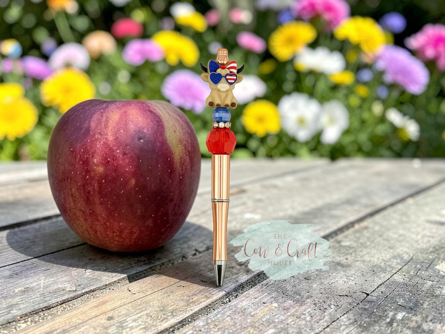 Patriotic Cowgirl Cow Beaded Pen | 4th of July Pen | Highland Cow Pen | Red White Blue Pen | Black Ink Twist Pen | Americana Desk Accessory