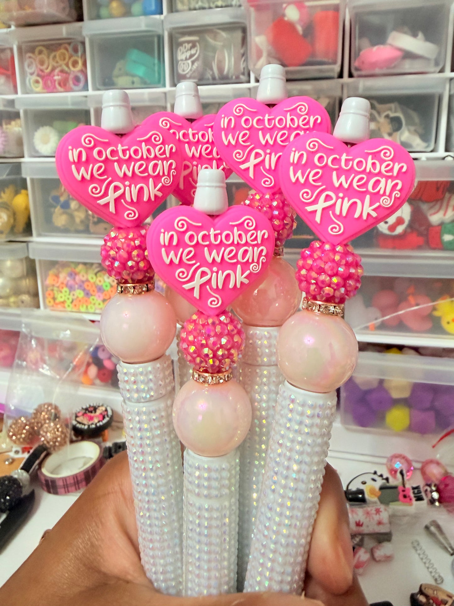 In October We Wear Pink Pen, Breast Cancer Awareness Pen, Pink Ribbon Bling Pen, Diamond White Beaded Pen, October Gift