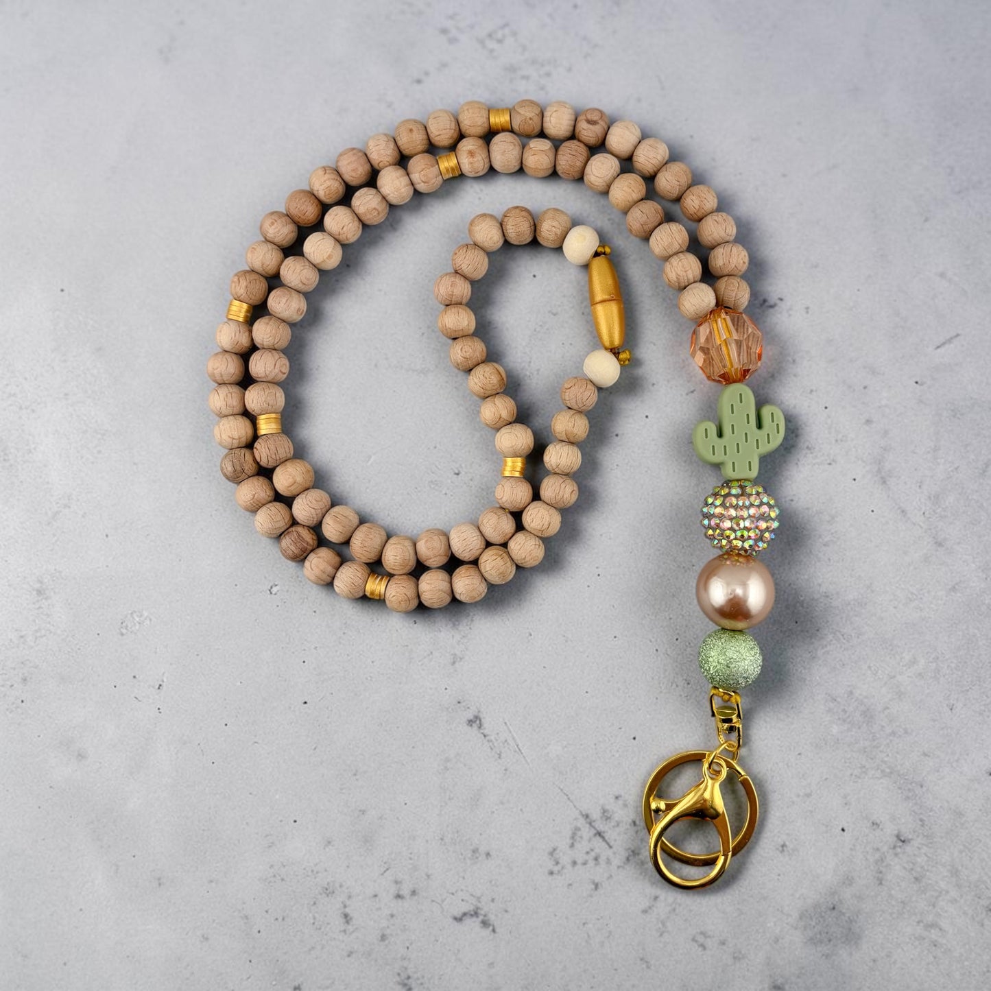 Teacher Cactus Beaded Lanyard | Breakaway Teacher ID Badge Holder | Green Cactus Focal Bead | Wood & Gold Beads | Teacher Gift