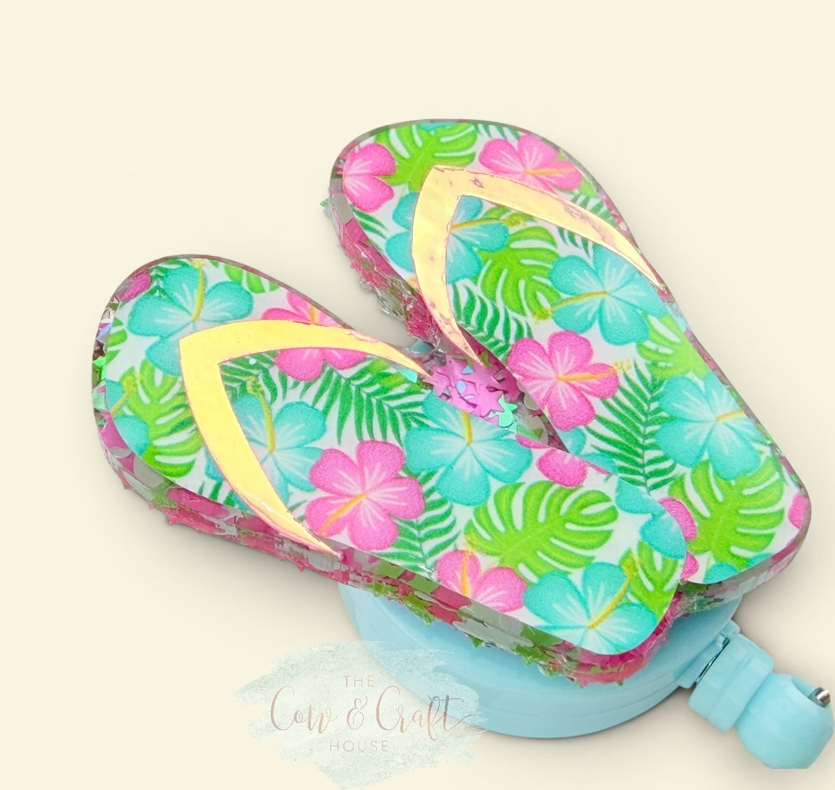 Floral Flip Flop Badge Reel | Beach Badge Reel | Summer Retractable ID Holder | Tropical Flower Badge Reel | Swivel Clip Badge Holder