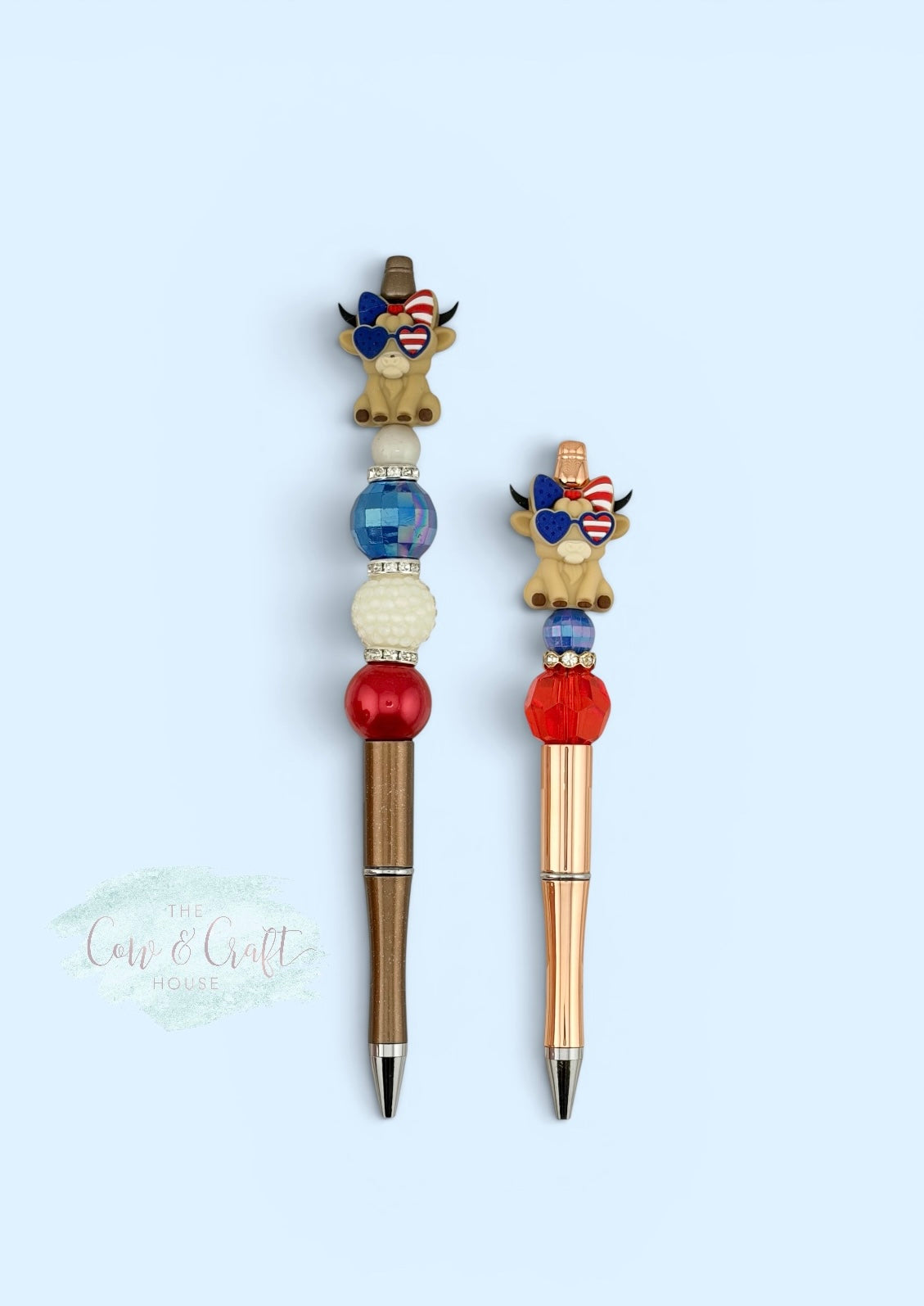 Patriotic Cowgirl Cow Beaded Pen | 4th of July Pen | Highland Cow Pen | Red White Blue Pen | Black Ink Twist Pen | Americana Desk Accessory