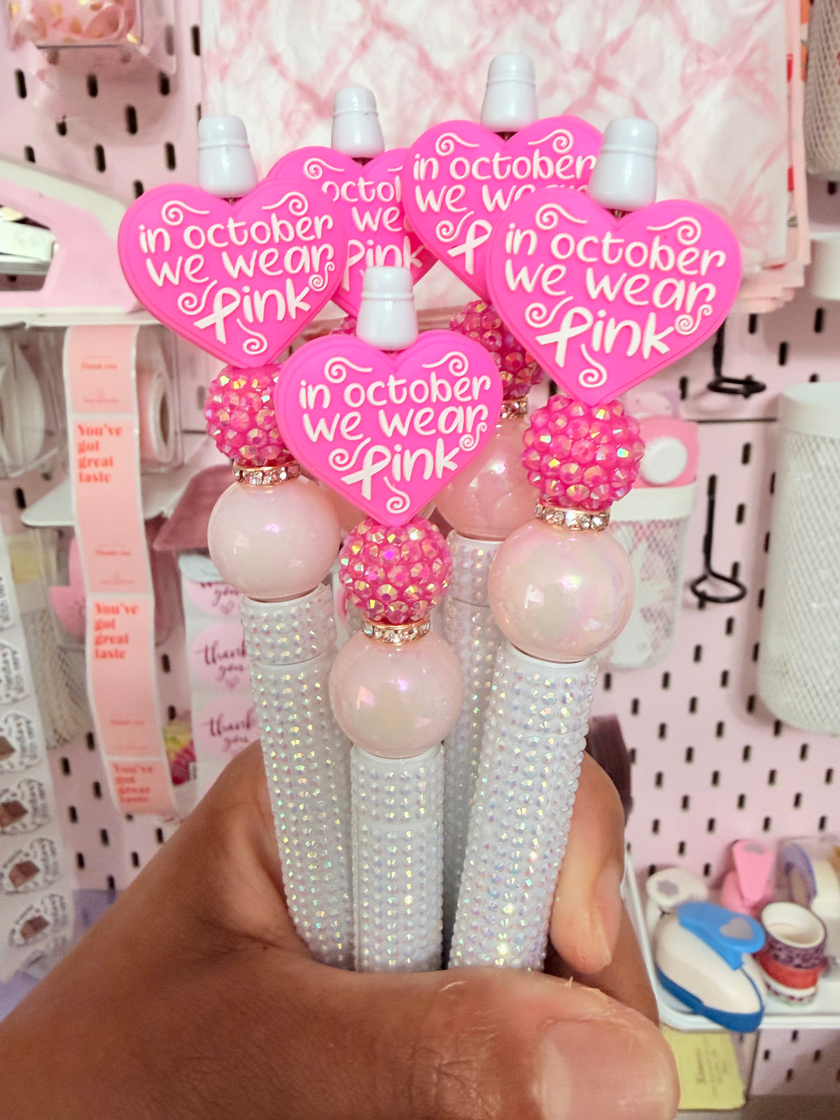 In October We Wear Pink Pen, Breast Cancer Awareness Pen, Pink Ribbon Bling Pen, Diamond White Beaded Pen, October Gift