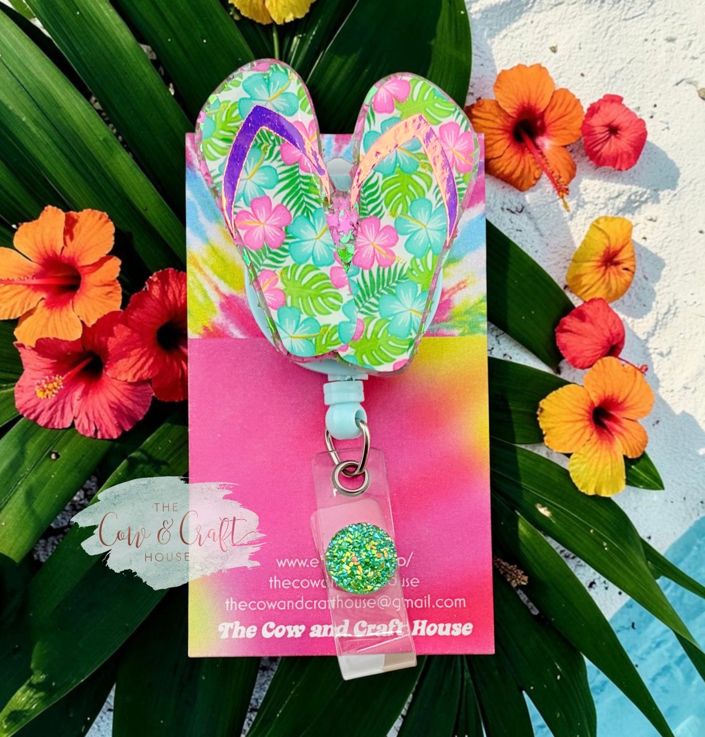 Floral Flip Flop Badge Reel | Beach Badge Reel | Summer Retractable ID Holder | Tropical Flower Badge Reel | Swivel Clip Badge Holder