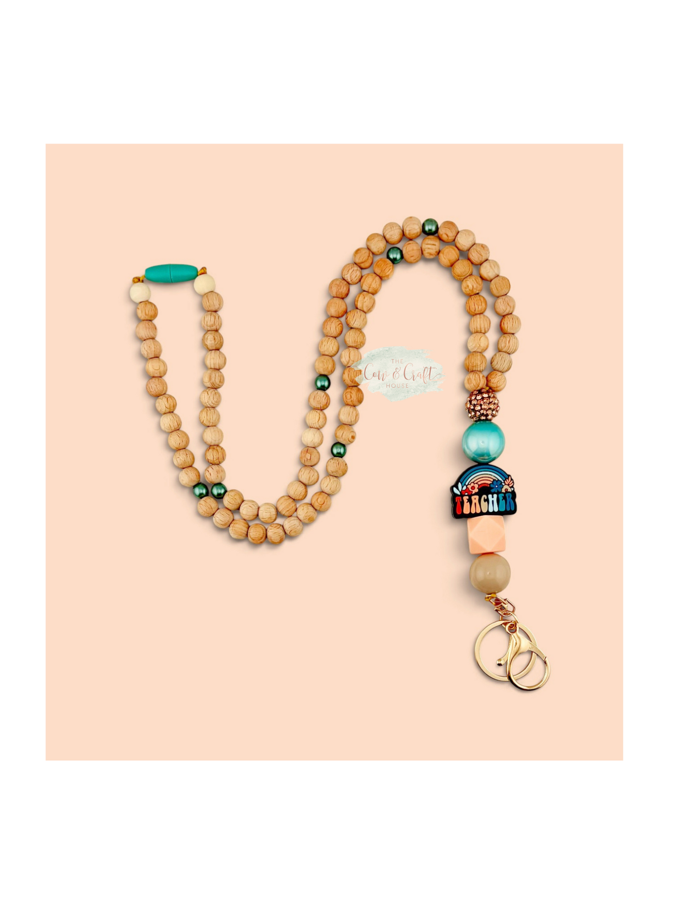 Rainbow Teacher Beaded Lanyard | Turquoise & Peach Breakaway Badge Holder | Handmade Teacher ID Lanyard | Teacher Appreciation Gift