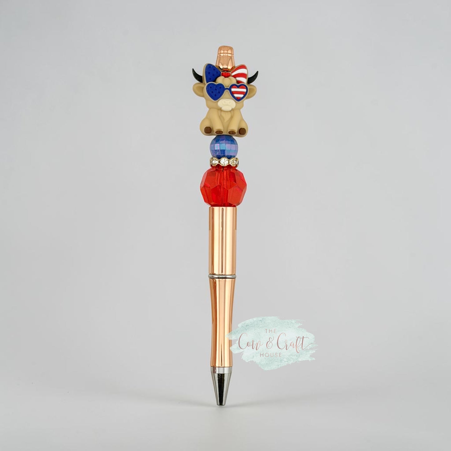 Patriotic Cowgirl Cow Beaded Pen | 4th of July Pen | Highland Cow Pen | Red White Blue Pen | Black Ink Twist Pen | Americana Desk Accessory