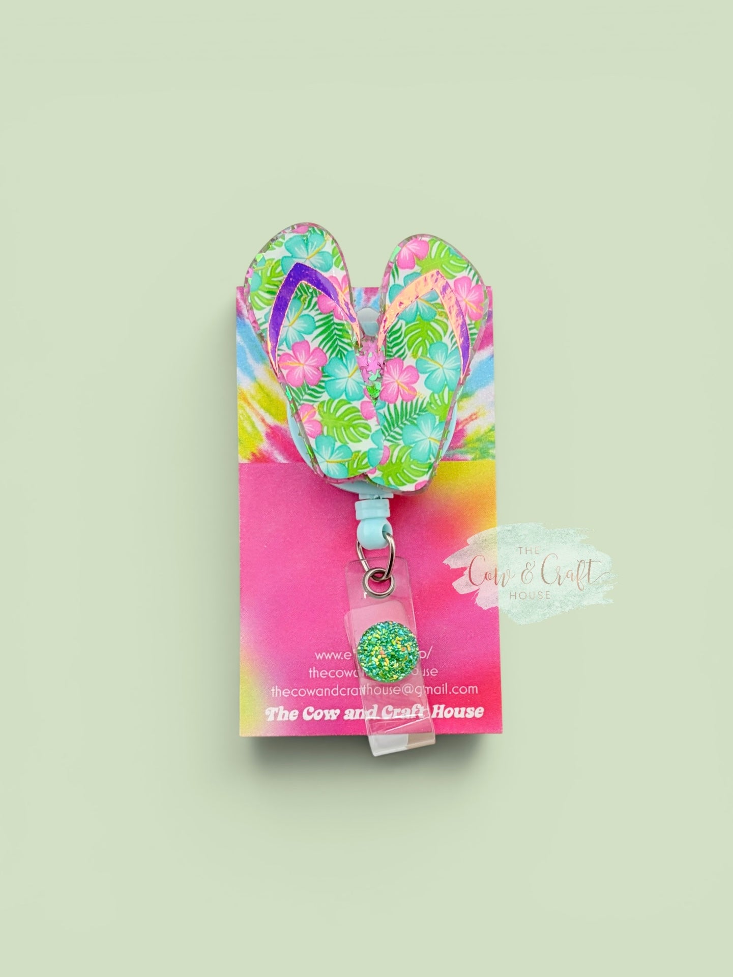 Floral Flip Flop Badge Reel | Beach Badge Reel | Summer Retractable ID Holder | Tropical Flower Badge Reel | Swivel Clip Badge Holder