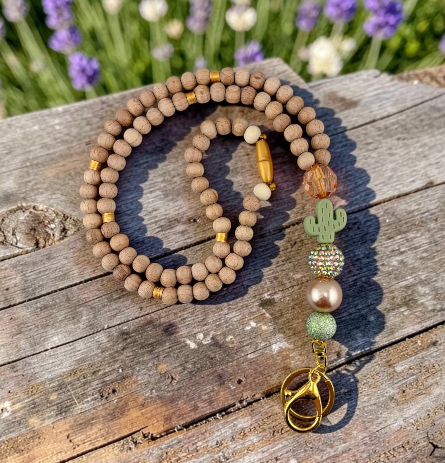 Teacher Cactus Beaded Lanyard | Breakaway Teacher ID Badge Holder | Green Cactus Focal Bead | Wood & Gold Beads | Teacher Gift