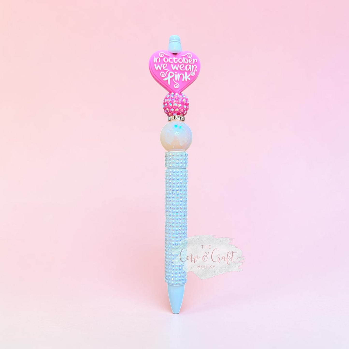 In October We Wear Pink Pen, Breast Cancer Awareness Pen, Pink Ribbon Bling Pen, Diamond White Beaded Pen, October Gift