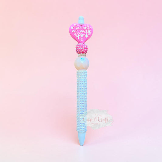 In October We Wear Pink Pen, Breast Cancer Awareness Pen, Pink Ribbon Bling Pen, Diamond White Beaded Pen, October Gift