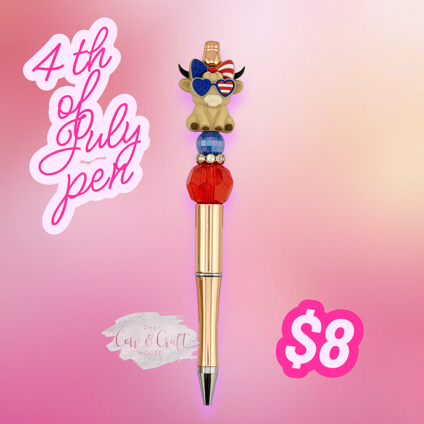 Patriotic Cowgirl Cow Beaded Pen | 4th of July Pen | Highland Cow Pen | Red White Blue Pen | Black Ink Twist Pen | Americana Desk Accessory