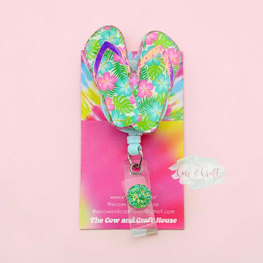 Floral Flip Flop Badge Reel | Beach Badge Reel | Summer Retractable ID Holder | Tropical Flower Badge Reel | Swivel Clip Badge Holder