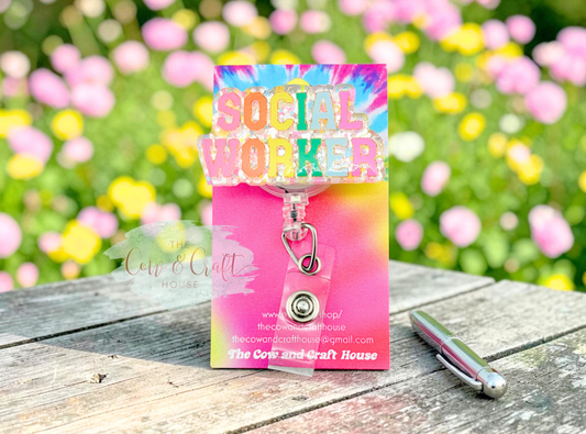 Social Worker Badge Reel | Glitter Badge Holder | Colorful Retractable Badge Reel | 34" Nylon Cord Swivel Clip | Social Worker Gift