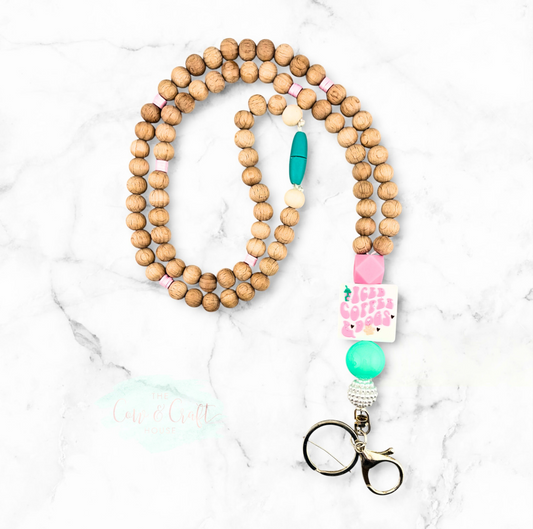 Teacher Breakaway Lanyard | Iced Coffee & Dogs | Wood Bead Badge Holder | Teacher Gift