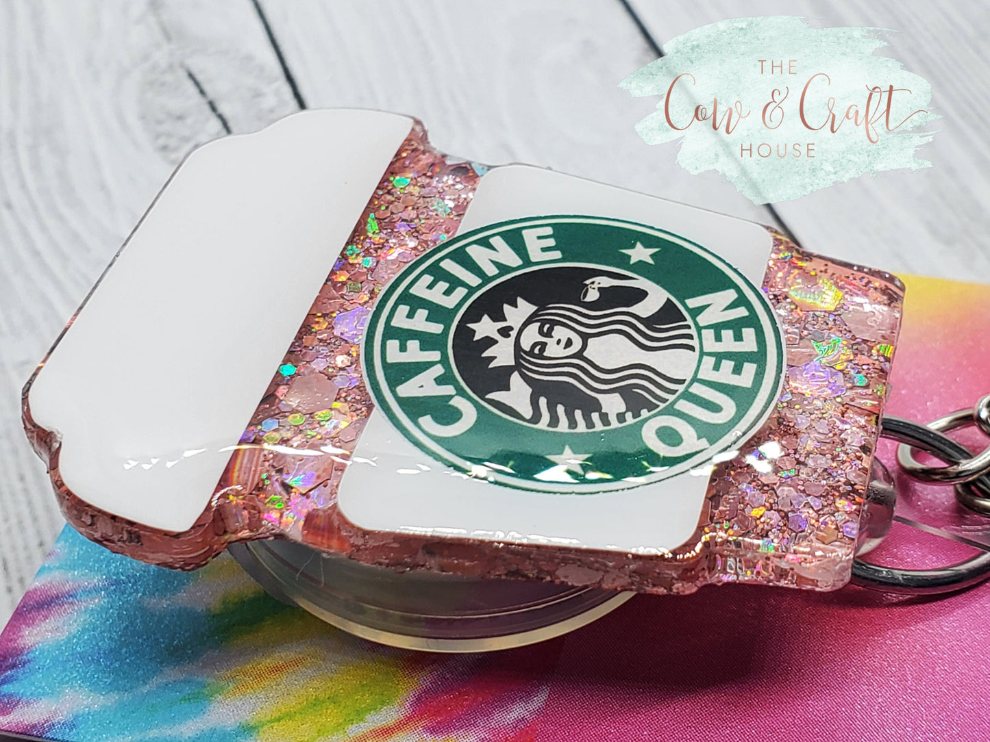 Caffeine Queen Starbucks Badge Reel, Glitter Resin Nurse Badge Clip