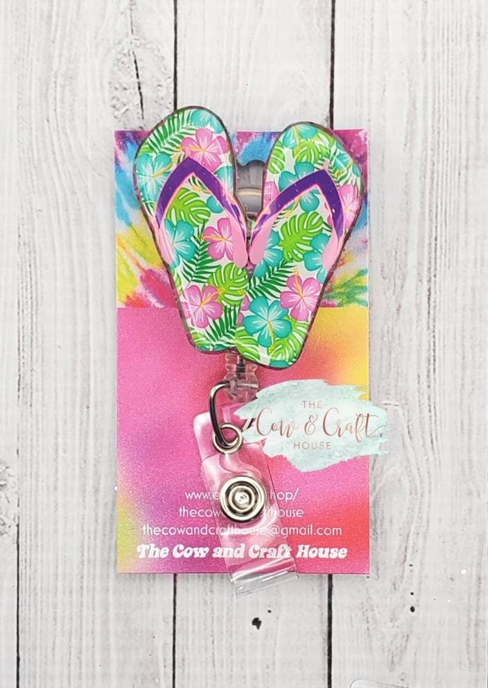 Floral Flip Flop Badge Reel | Beach Badge Reel | Summer Retractable ID Holder | Tropical Flower Badge Reel | Swivel Clip Badge Holder