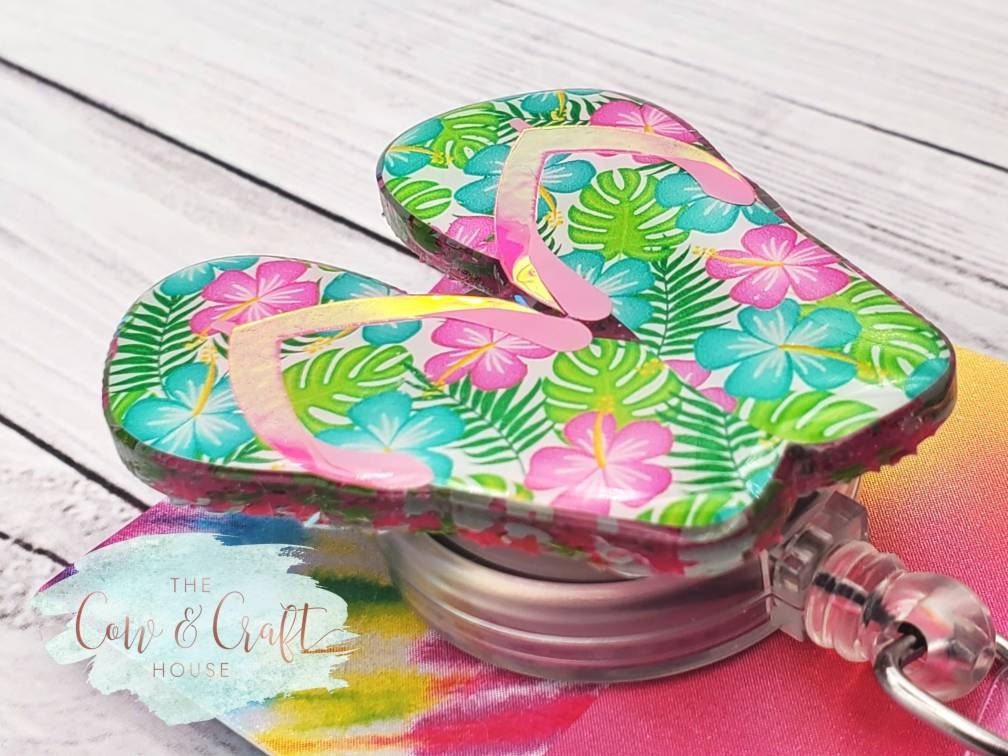 Floral Flip Flop Badge Reel | Beach Badge Reel | Summer Retractable ID Holder | Tropical Flower Badge Reel | Swivel Clip Badge Holder