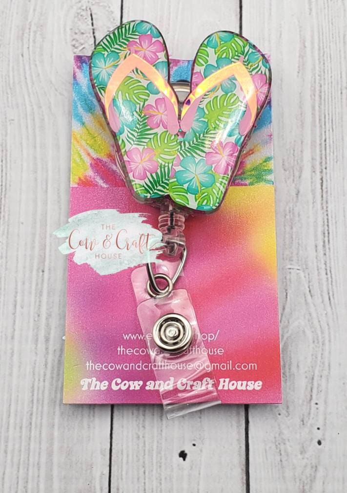 Floral Flip Flop Badge Reel | Beach Badge Reel | Summer Retractable ID Holder | Tropical Flower Badge Reel | Swivel Clip Badge Holder