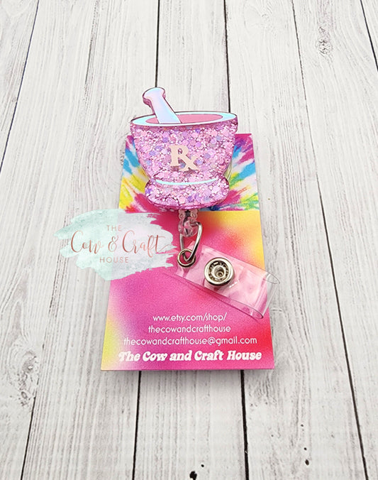 Pharmacy Badge Reel RX | Mortar Pestle Badge Reel | Pink Glitter Shimmery Vinyl | Swivel Clip 34” Nylon Cord