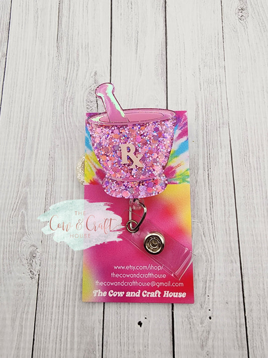 Pharmacy Badge Reel RX | Mortar Pestle Badge Reel | Pink Glitter Shimmery Vinyl | Swivel Clip 34” Nylon Cord