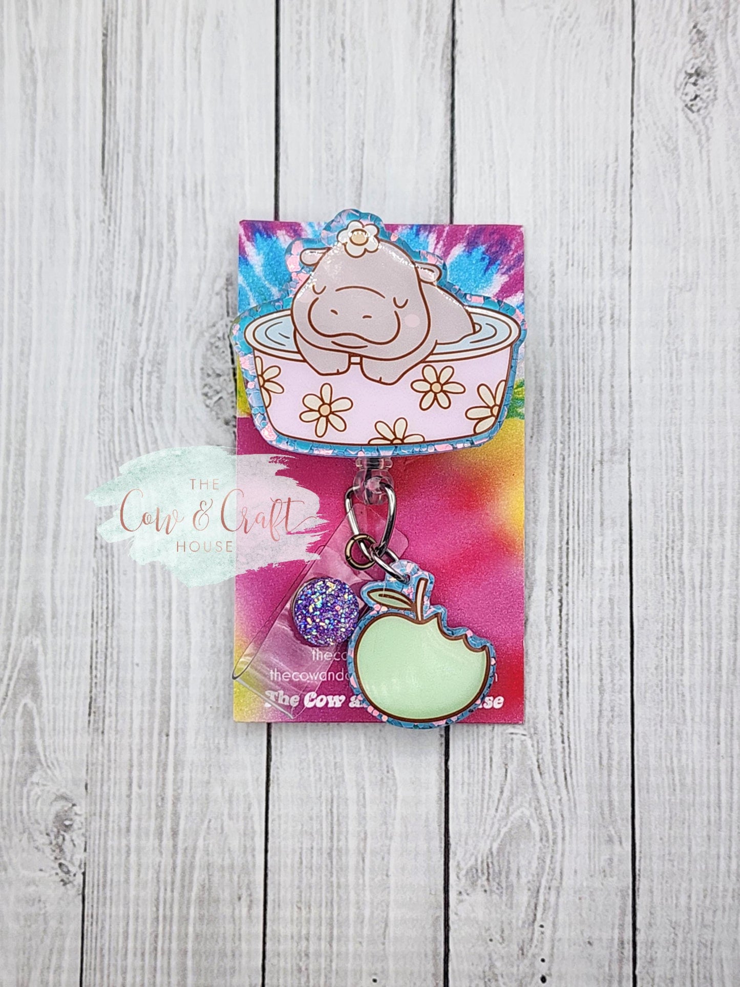 Cute Baby Hippo Badge Reel 🦛 | Pool Hippo Badge Holder | Green Apple Charm Badge Reel | Nurse Badge Reel | Swivel Clip 34” Nylon Cord