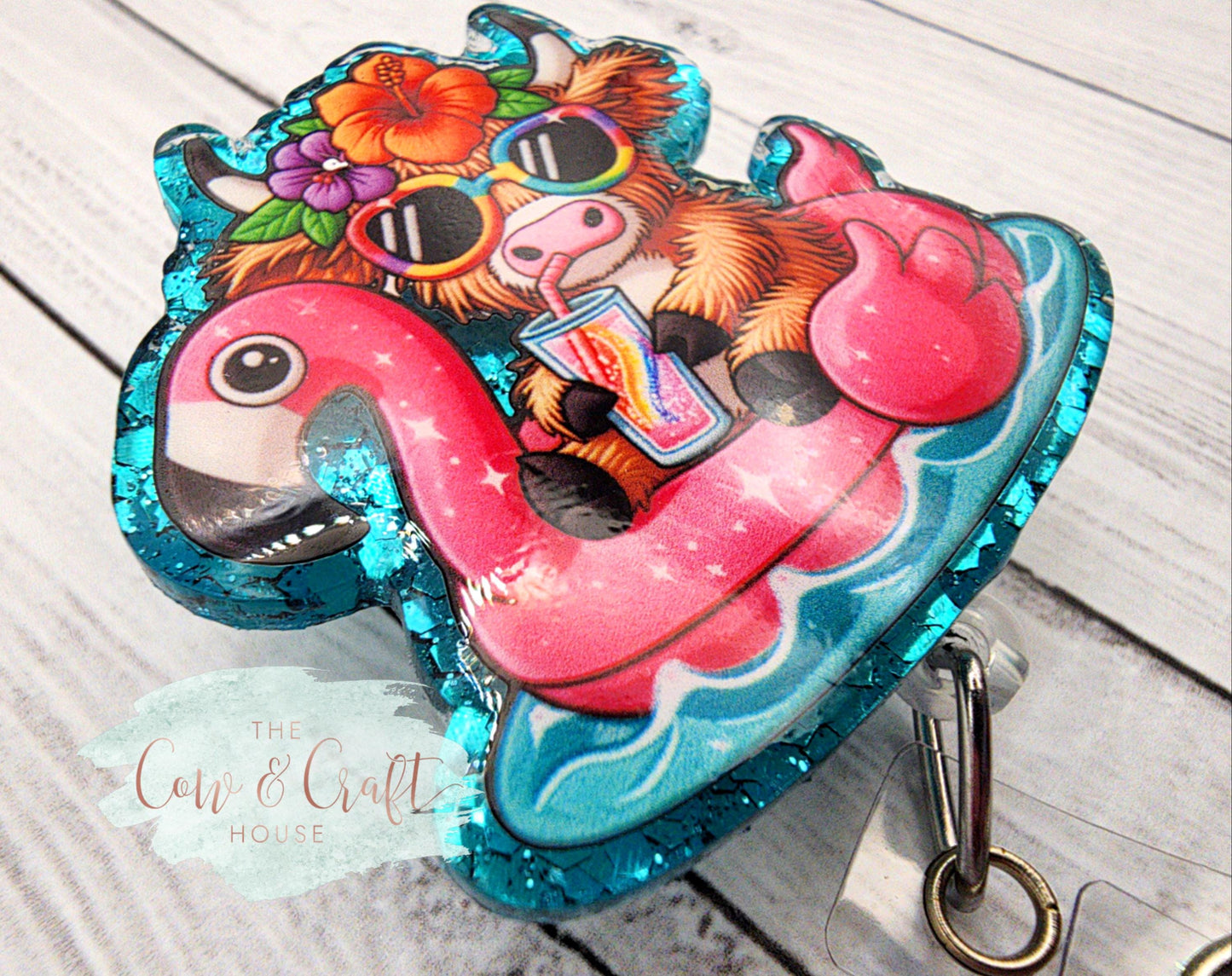 Highland Cow Badge Reel, Summer Pool Float, ID Holder