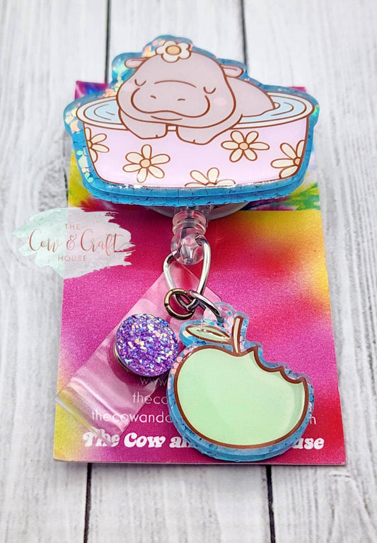 Cute Baby Hippo Badge Reel 🦛 | Pool Hippo Badge Holder | Green Apple Charm Badge Reel | Nurse Badge Reel | Swivel Clip 34” Nylon Cord