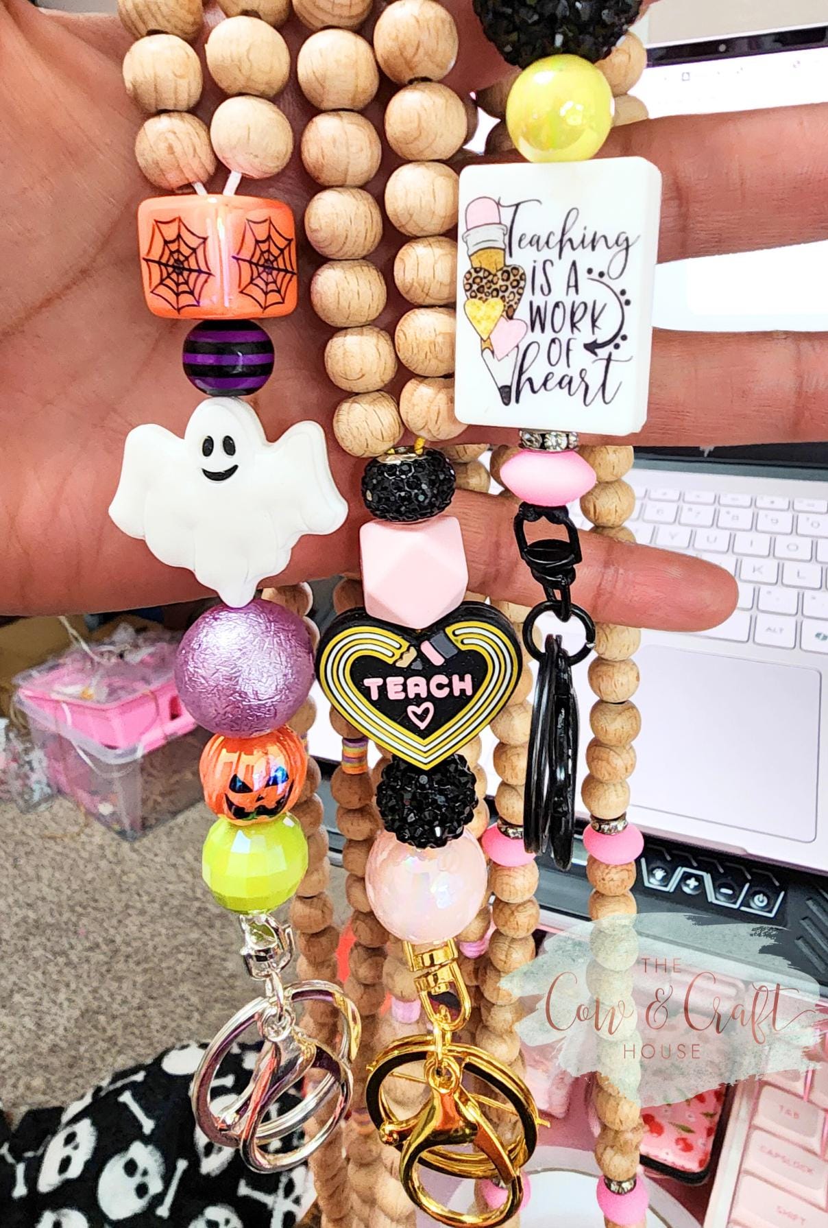 Beaded Teacher Lanyard | Wood Beads, Pink Apple, Breakaway Necklace