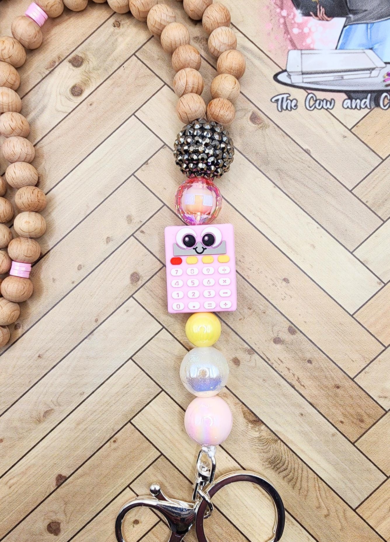 Teacher Lanyard • Wooden Beads, Pink Calculator • Breakaway ID Badge Holder
