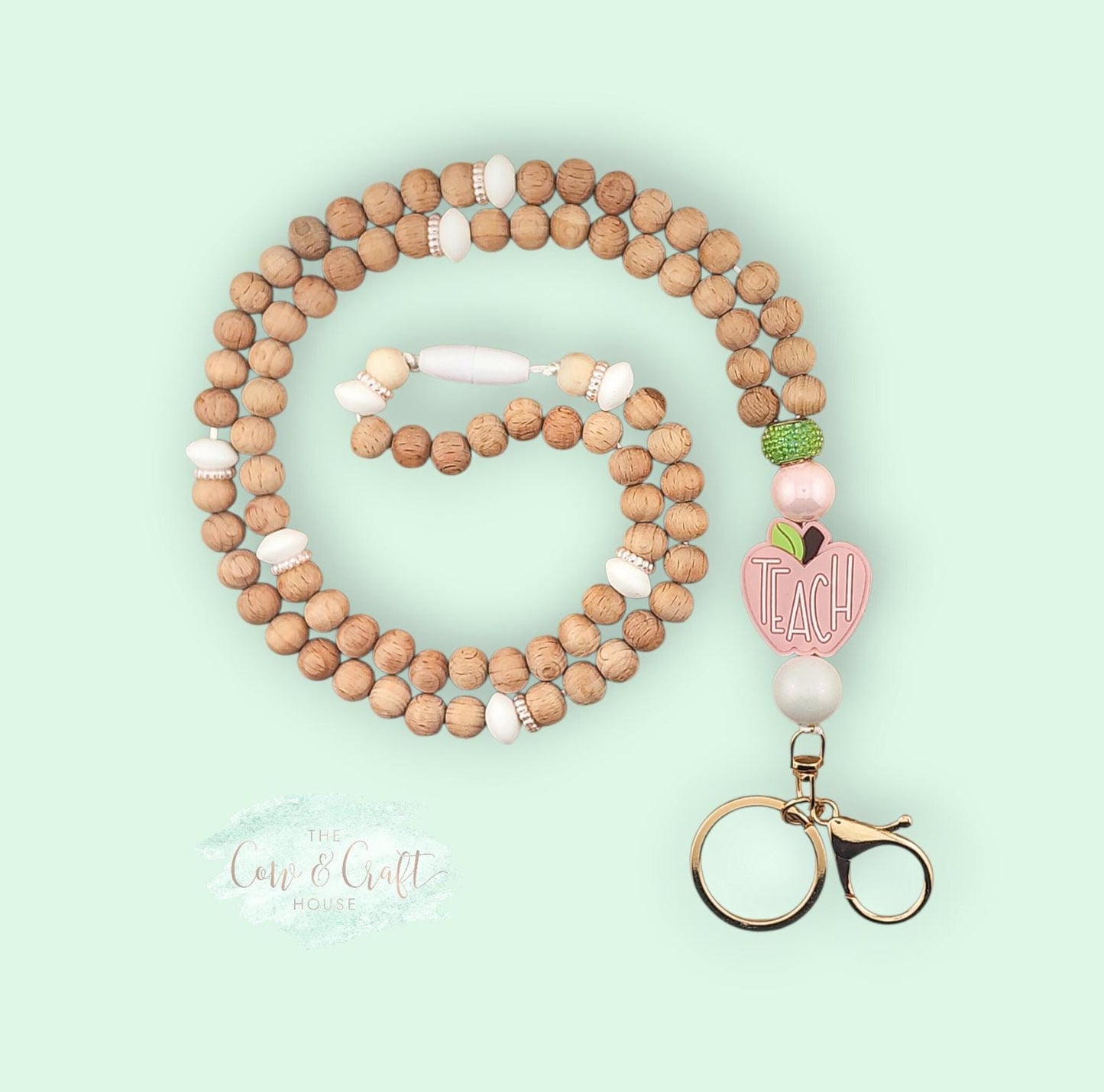 Beaded Teacher Lanyard | Wood Beads, Pink Apple, Breakaway Necklace
