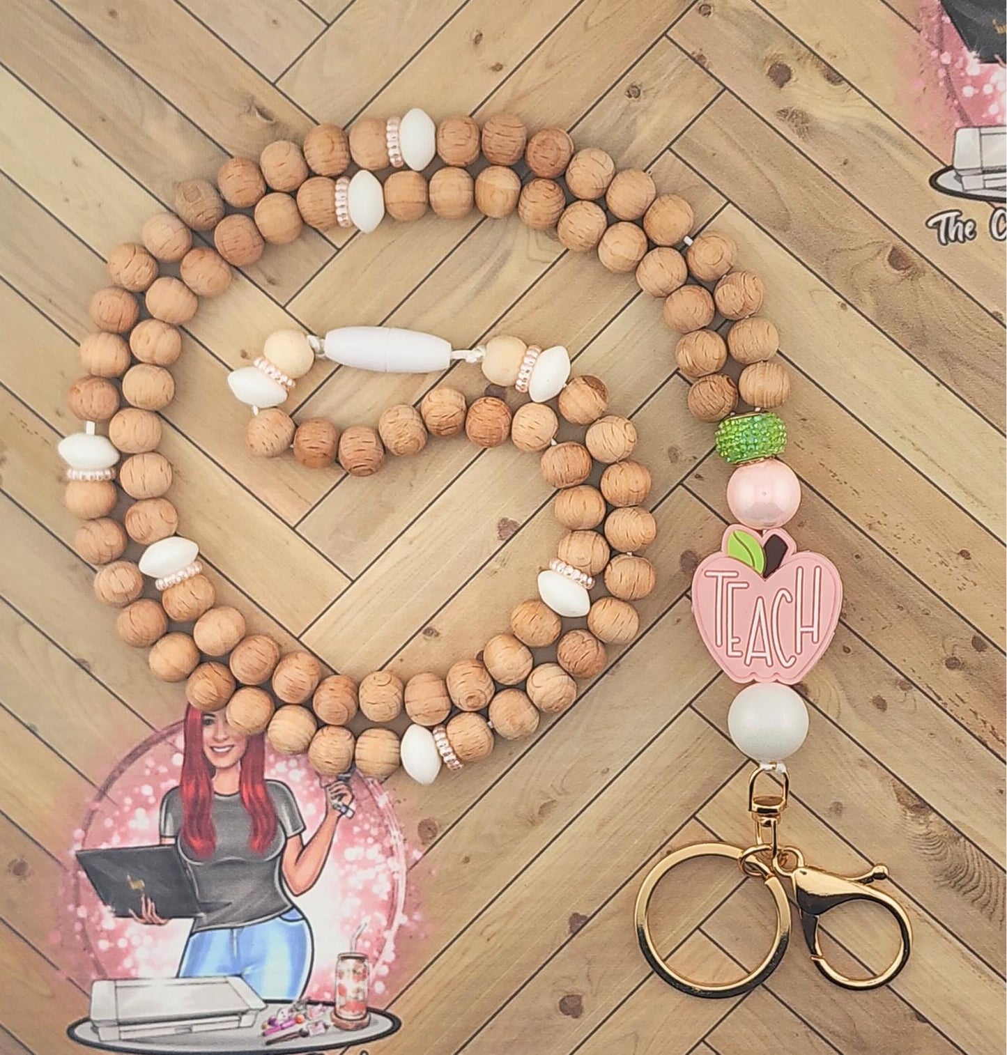 Beaded Teacher Lanyard | Wood Beads, Pink Apple, Breakaway Necklace
