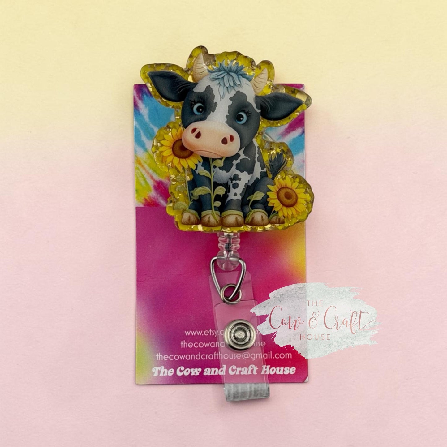 Cow Sunflower Badge Reel | Nurse Radiology Badge Reel | Swivel Clip 34” Nylon Cord | Cute Healthcare Gift