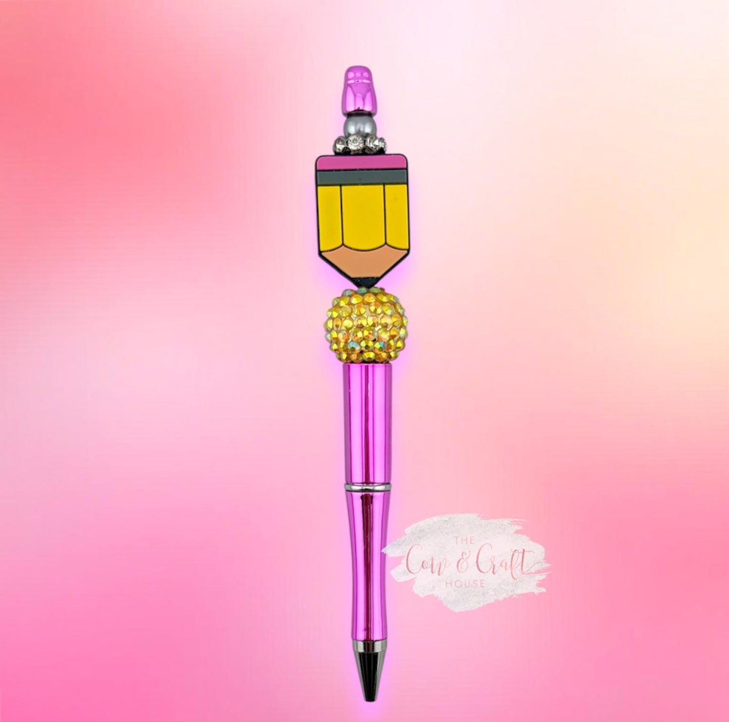 Hot Pink Holographic Teacher Pen | Beaded Twist Pen Black Ink | Cute Yellow Teacher Focal | Gift for Teacher