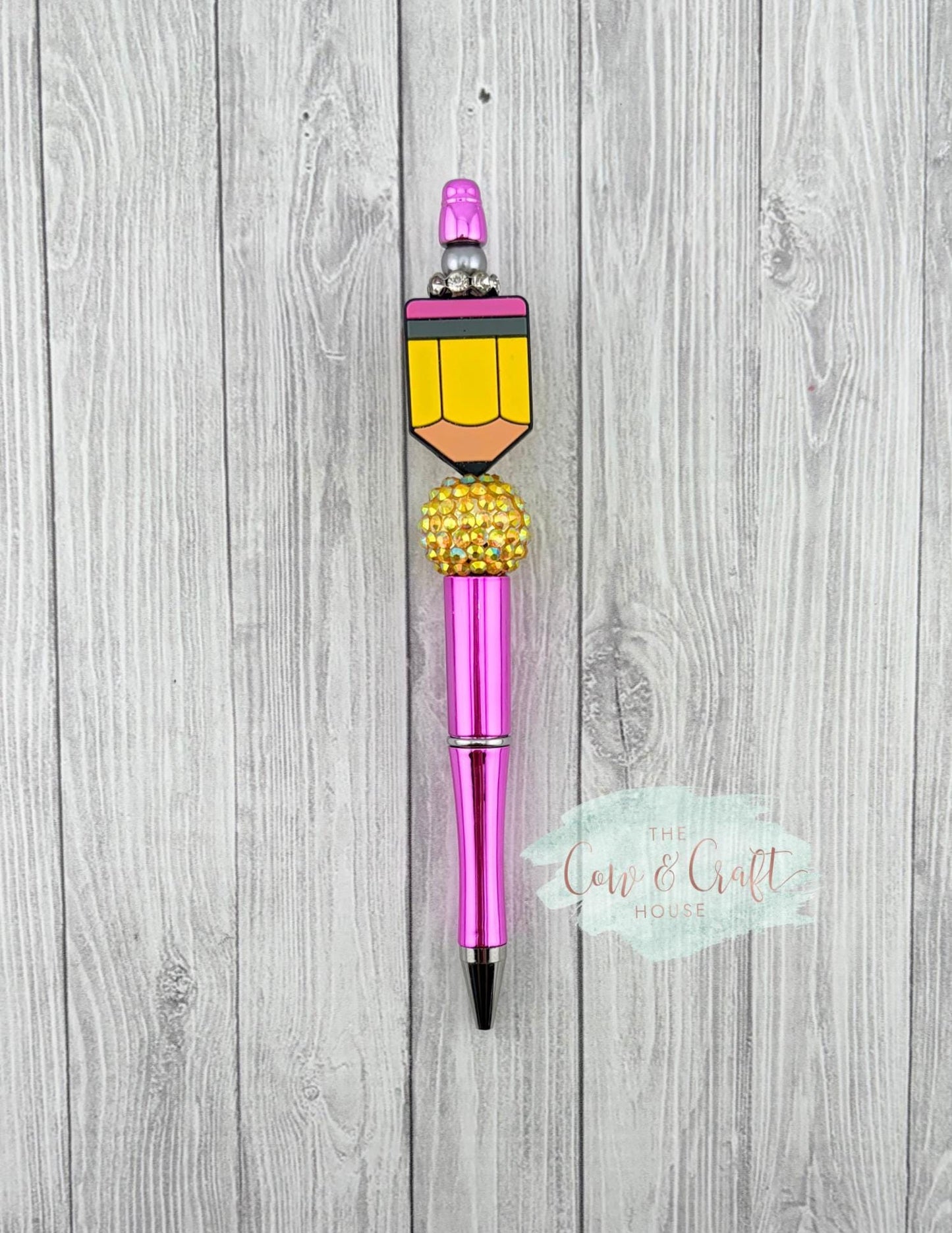 Hot Pink Holographic Teacher Pen | Beaded Twist Pen Black Ink | Cute Yellow Teacher Focal | Gift for Teacher